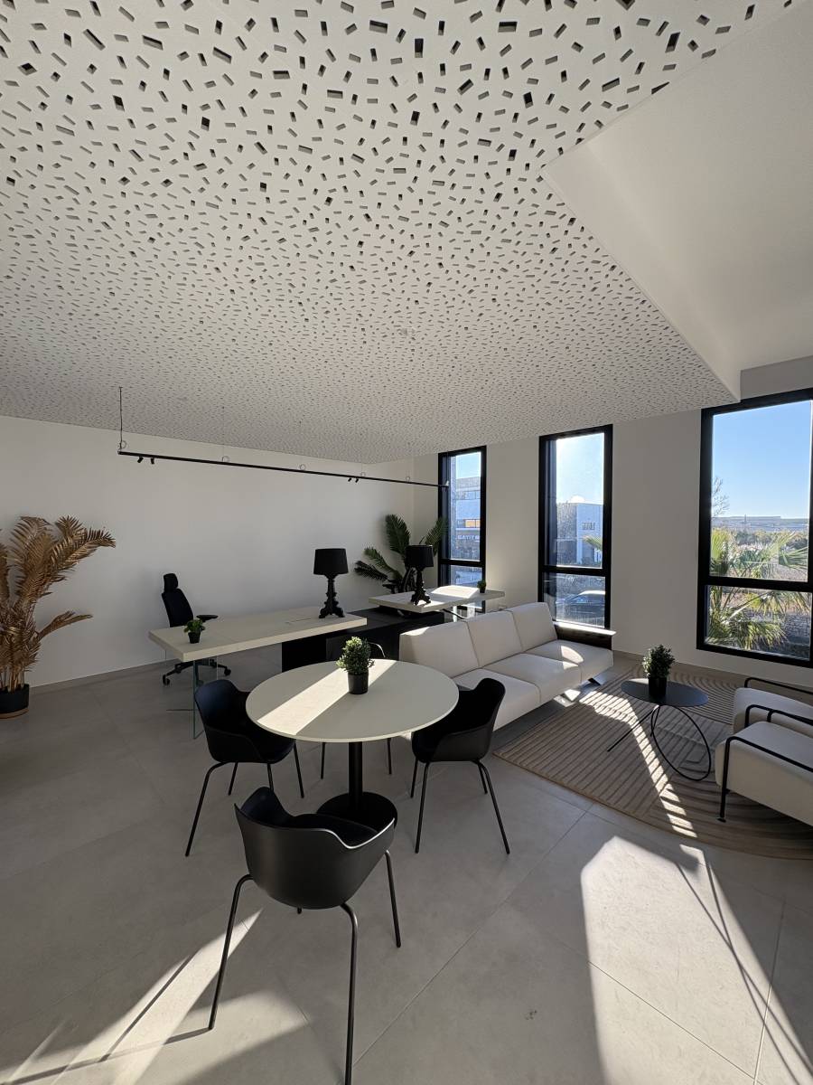 Faux plafond acoustique en plaques de plâtre perforées type Knauf Delta à Sète